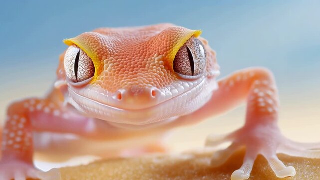 Extreme closeup of a small sand gecko with large, detailed eyes looking forward