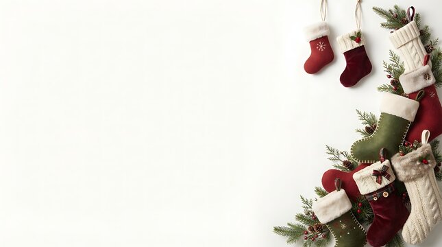 A decorative corner arrangement of christmas stockings and pine branches on a white background, with a large, empty space for, holiday text