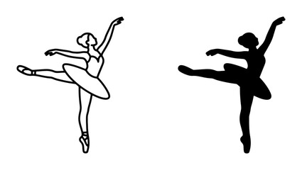 Ballet Dancer Silhouettes, Elegant Female Performer Vector Art, Classic Dance Poses, Graceful Movement Illustration, Black and White Outline and Solid Fill © Fahim