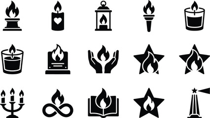 Fototapeta premium Collection of black silhouette icons representing flames candles and light sources