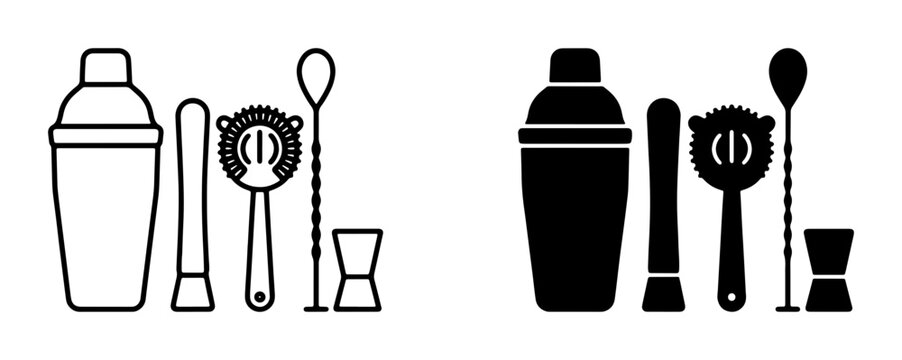 Barware Icons Set: Cocktail Shaker, Muddler, Strainer, Bar Spoon, Jigger, Silhouette and Outline Styles for Mixology and Drink Preparation