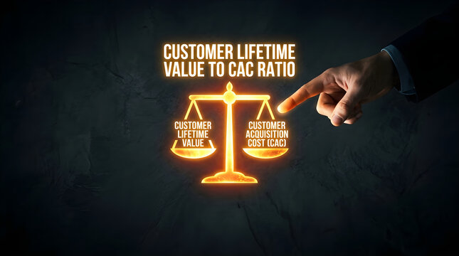 Businessman pointing at glowing scales comparing customer lifetime value