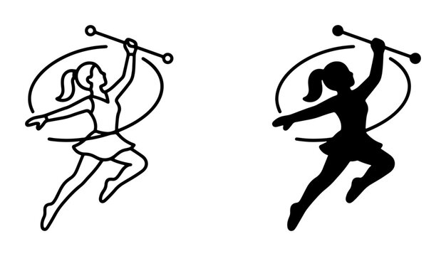 Majorette Baton Twirling Silhouette Vector Icons, Dynamic Dance Performance, Athletic Competition, Celebration Event Graphics