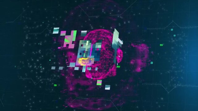 Digital human skull head wireframe with glowing red central neural activity