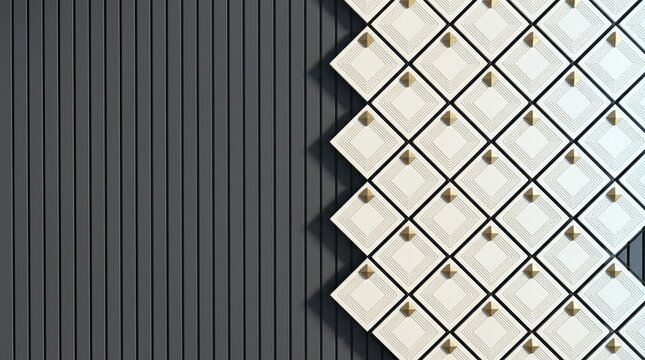 Modern Geometric Mosaic Tile Wall Design with Gold Accents and Black Vertical Fluted Slat Background