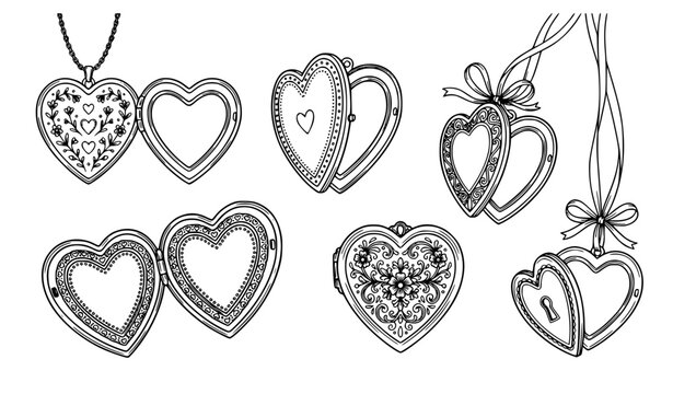 Minimal open heart locket ribbon coquette jewelry vector icon collection