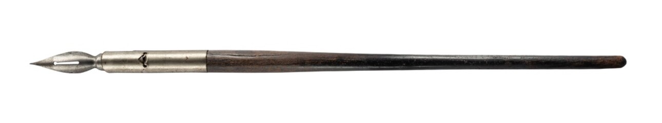 Old dip pen with a wooden handle and metal pointed nib, isolated on a white background. Traditional writing instrument suitable for calligraphy, handwriting, lettering, drawing, historical themes. © Tryfonov