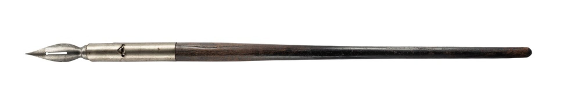 Old dip pen with a wooden handle and metal pointed nib, isolated on a white background. Traditional writing instrument suitable for calligraphy, handwriting, lettering, drawing, historical themes.