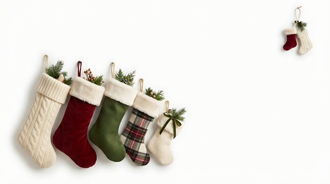 A set of christmas stockings in various textures and colors hanging from a string against a plain white background, with plenty of, copy space