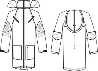 Technical Drawing of a Hooded Utility Parka Jacket Front and Back Fashion Design © MDSHAHIDUL