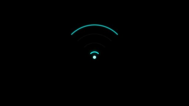 Seamless looping animated motion graphic of a wifi signal icon glowing with blue light against a dark black background, ideal for technology content and digital concepts.