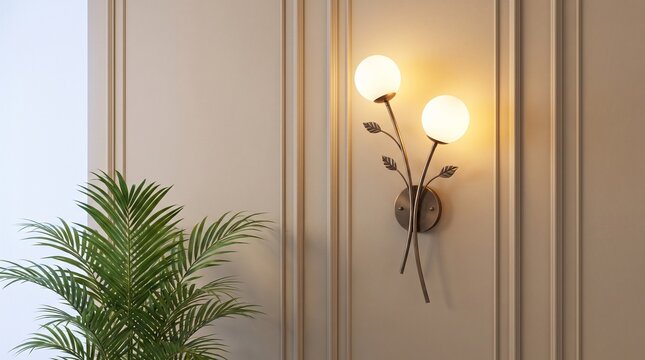 Elegant Floral Branch Sconce Light with Glowing Globes on Classic Wall Molding Interior Background