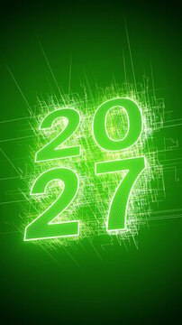 Vertical video animation - abstract neon light in green with the numbers 2027 - represents the new year 2027 - vacation concept.