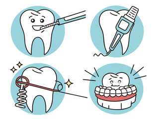 Obraz premium Set of four dental care icons with teeth medical tools oral hygiene