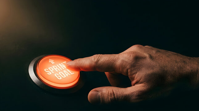 Human finger pressing glowing orange sprint goal button on dark background