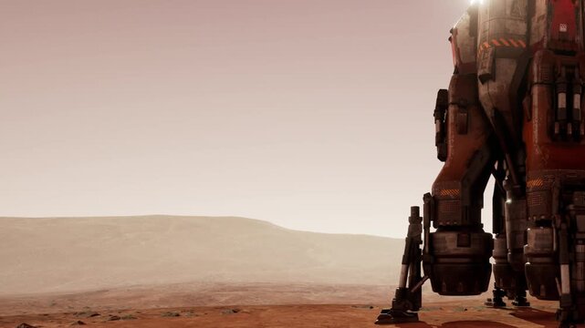 A spacecraft stands on the surface of Mars during a mission. The reddish terrain stretches into the distance under a muted sky. Dust and rocks cover the ground.