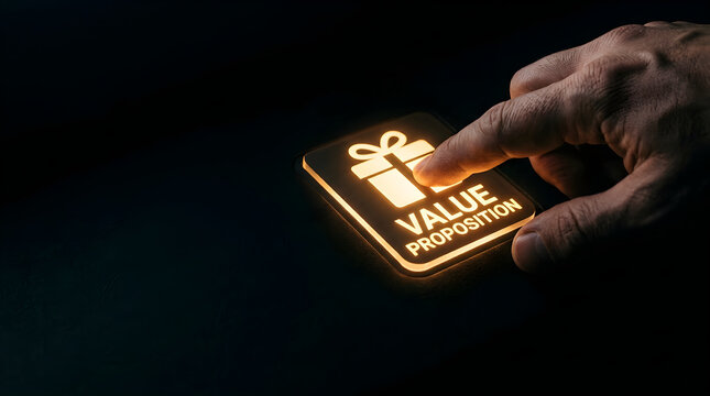 Human finger pressing glowing value proposition button with gift icon symbol