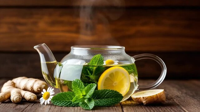 Man taking glass teapot of hot herbal tea with lemon, mint, chamomile and ginger on wooden table. Steaming healthy drink, immunity boosting beverage and natural medicine concept.