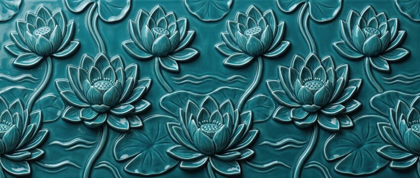 Vibrant teal lotus flower relief pattern with smooth ceramic texture and water waves