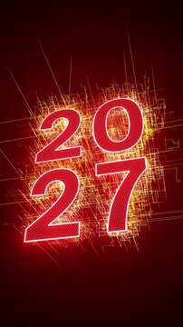 Vertical video animation - abstract neon light in red with the numbers 2027 - represents the new year 2027 - vacation concept.