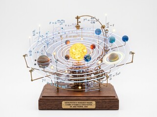 Intricate solar system orrery model displaying glowing physics equations and planetary orbits © syarifah