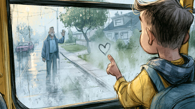 Child tracing a heart on a fogged window while a man waves on a rainy street.