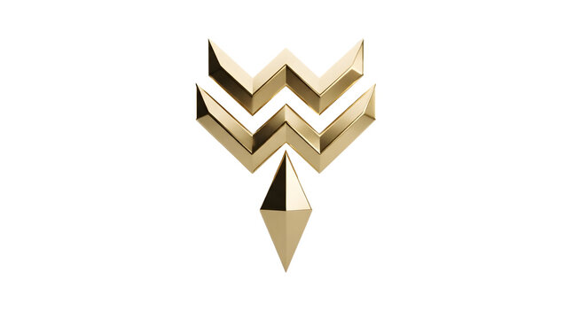 Golden metallic abstract emblem with geometric chevron and diamond shapes on white