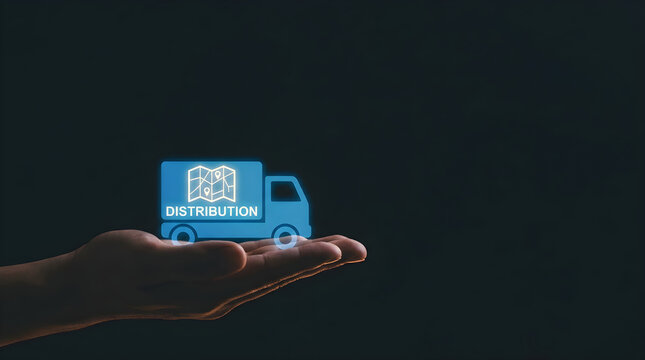 Human hand holding glowing digital delivery truck icon for global logistics