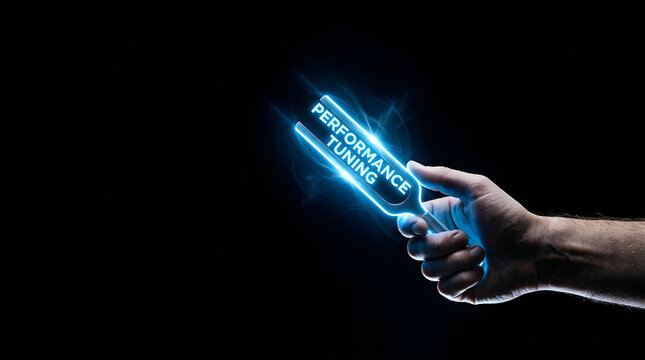 Human hand holding glowing tuning fork with performance tuning text concept