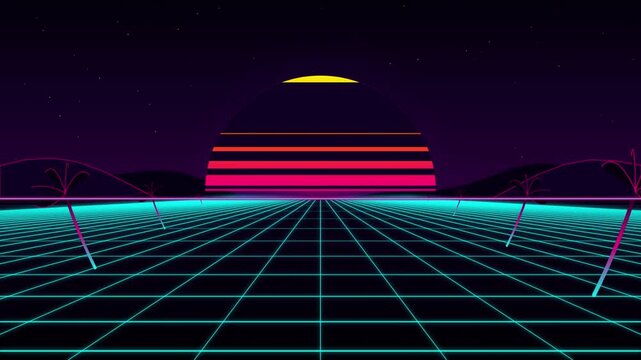 Retro synthwave landscape with glowing neon grid floor and big setting sun in dark starry night sky aesthetic 80s style loop animation for digital motion graphic.