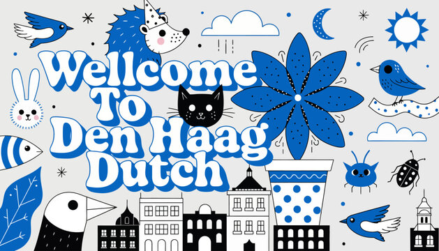 Welcome to Den Haag, Dutch, colorful illustration, travel