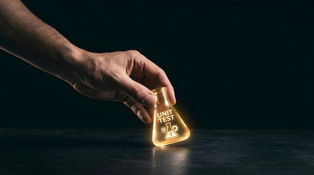 Human hand placing glowing unit test laboratory flask concept on dark surface