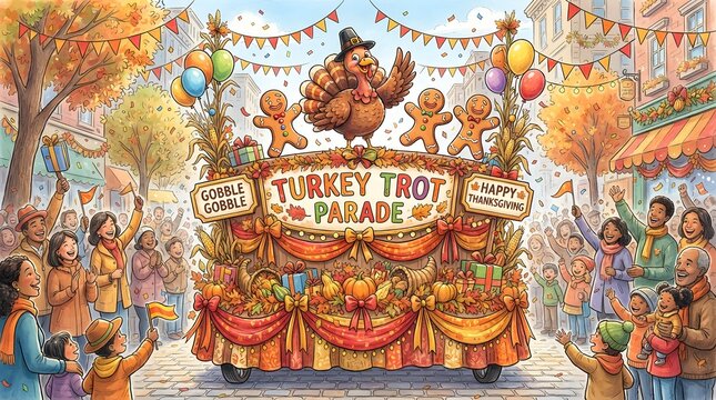 Festive thanksgiving parade float featuring a large turkey, gingerbread men, and autumn decorations with a cheering crowd on a city street