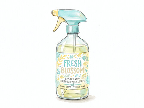 Clear glass spray bottle filled with a fresh blossom eco friendly multi surface cleaner liquid product. Ideal for ecoconscious cleaning brands.