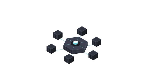 Abstract digital network connecting data nodes on a hub in isometric view