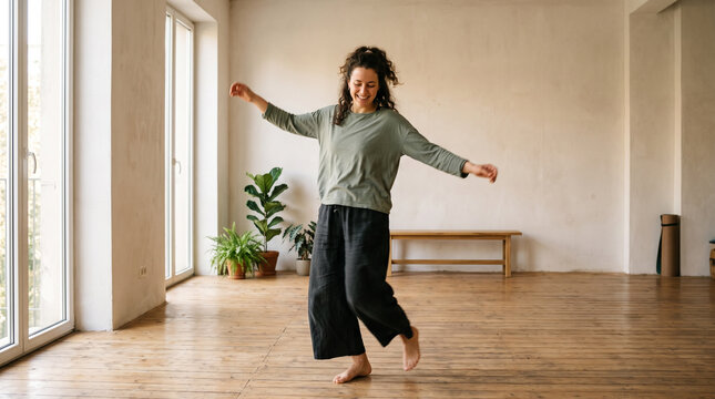 Woman dancing in bright empty room