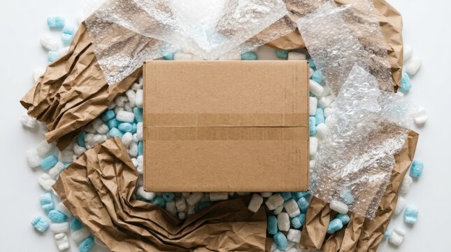 A closed cardboard delivery box surrounded by packing materials, bubble wrap, and blue styrofoam peanuts