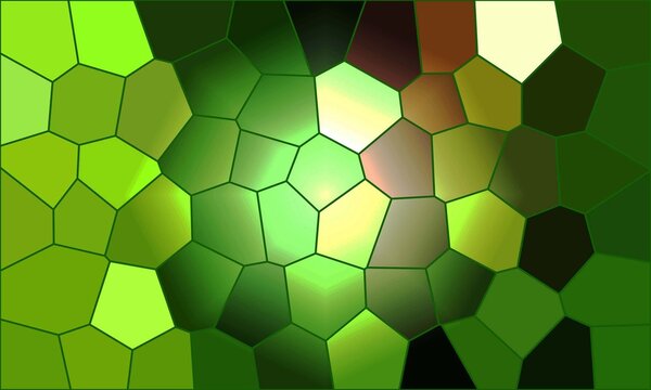 Abstract digital artwork featuring green geometric glass shapes arranged in a creative mosaic pattern with glowing center