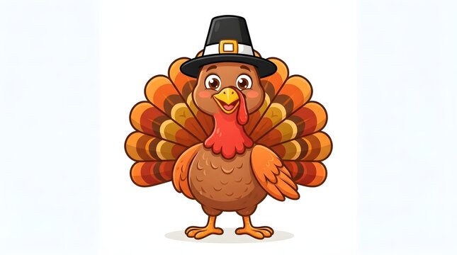 Cute cartoon turkey wearing a pilgrim hat for thanksgiving celebration