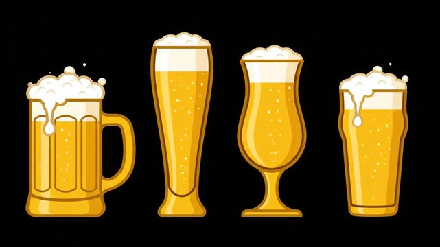Four Types of Beer Glasses with Frothy Foam on Black Background