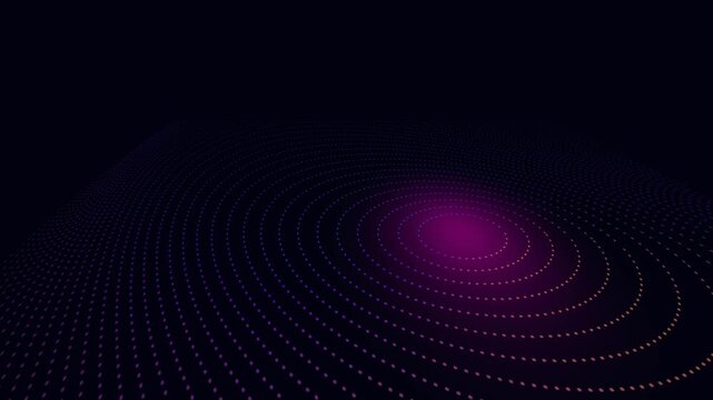 Abstract digital data landscape with glowing purple wave particles and binary code motion.