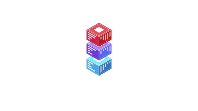 Animated isometric cubes stacking to form a 3D data processing structure