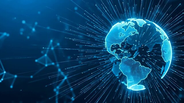 Globe with digital connection lines expanding outward in space with video glowing globe emitting bright blue network lines dark cosmic setting science fiction space themed