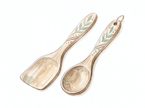 Ornate leaf pattern wooden serving spoons are perfect for food blogs, recipe books, kitchen designs, or cooking websites.