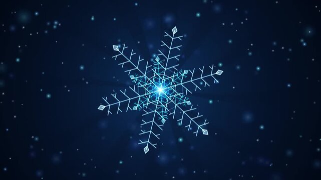 Abstract glowing blue snowflake animation on a dark background winter snow