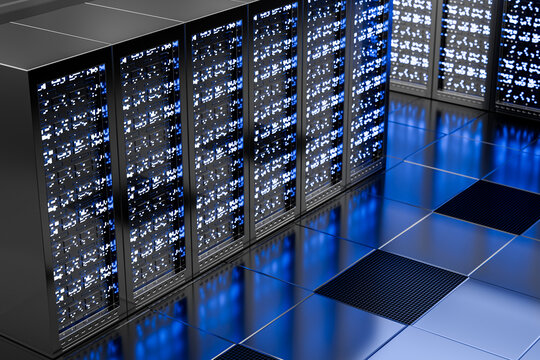 Modern 3D server room with illuminated data racks, blue reflections, and high-tech infrastructure. Ideal for cloud computing, cybersecurity, data storage, networking, and digital technology concepts.