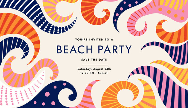 Vibrant beach party invitation with colorful waves