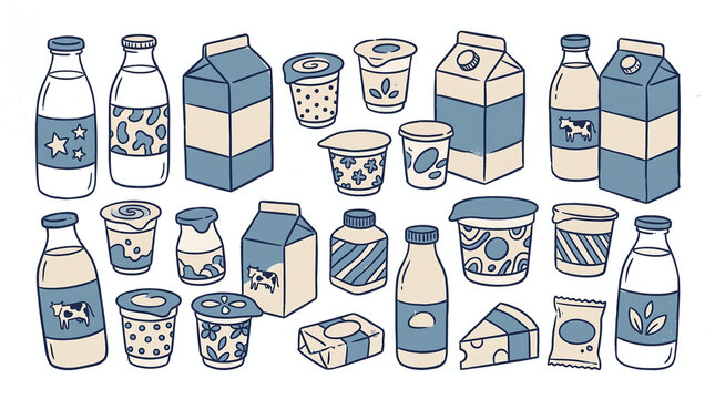 Dairy products like bottles, cartons, yogurt containers, and cheese wedges. Ideal for packaging design projects.