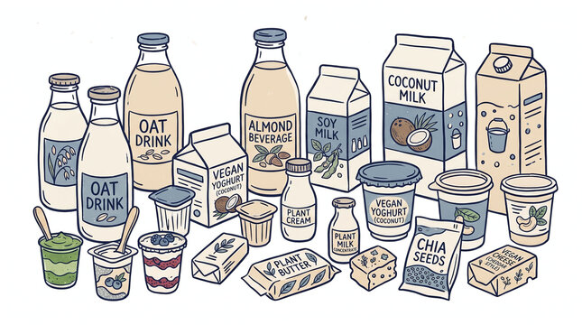 Plantbased milk cartons, yogurt pots, butter blocks, and chia seeds displayed together. Suitable for food and beverage packaging designs.