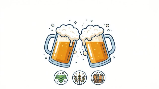 Two Glass Beer Mugs Toasting Together Flat Vector Illustration